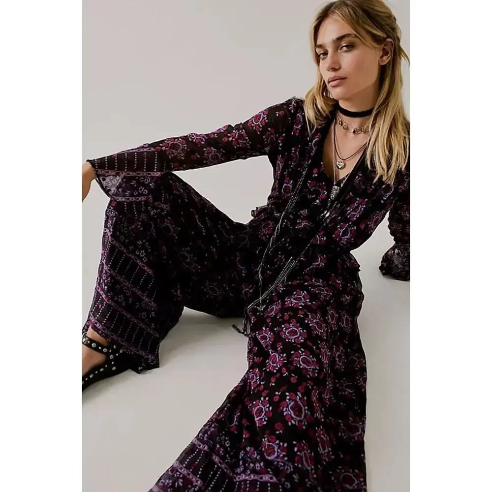 New FP x Anna Sui Cassiel Printed Jumpsuit  $298 LARGE Wide-Leg Floral